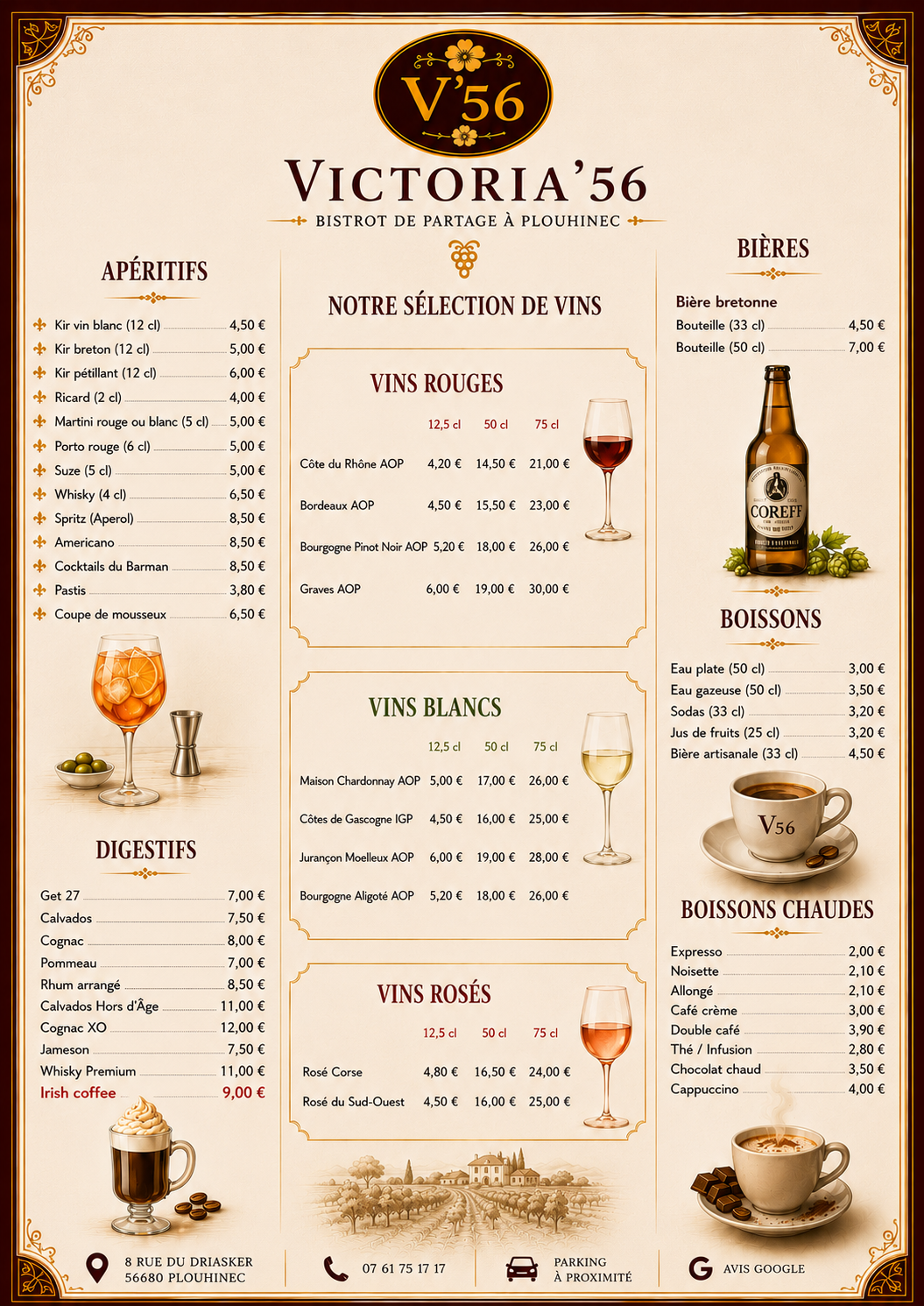 Carte des vins et boissons Victoria’56