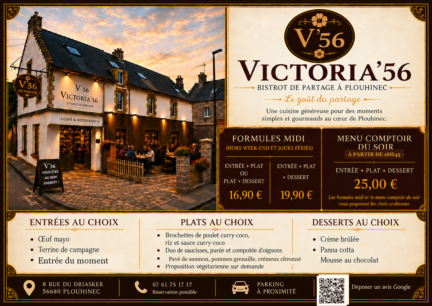 Formules du midi et menu comptoir du soir Victoria’56