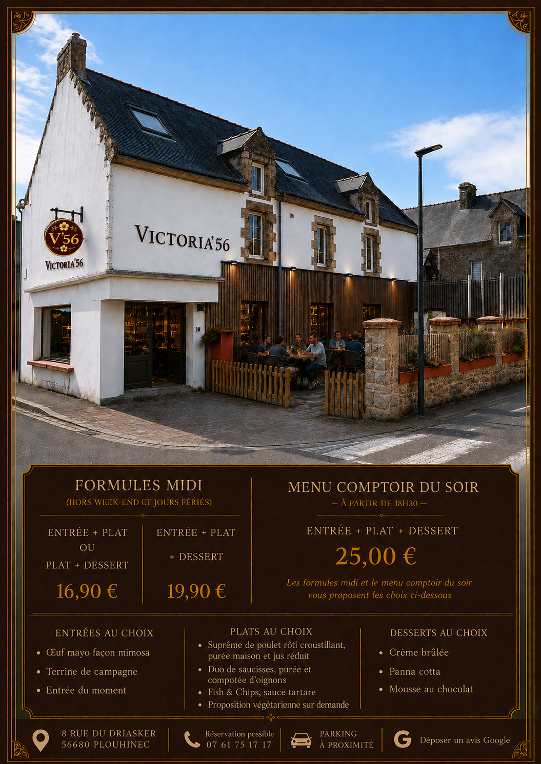 Formules du midi et menu comptoir du soir Victoria’56