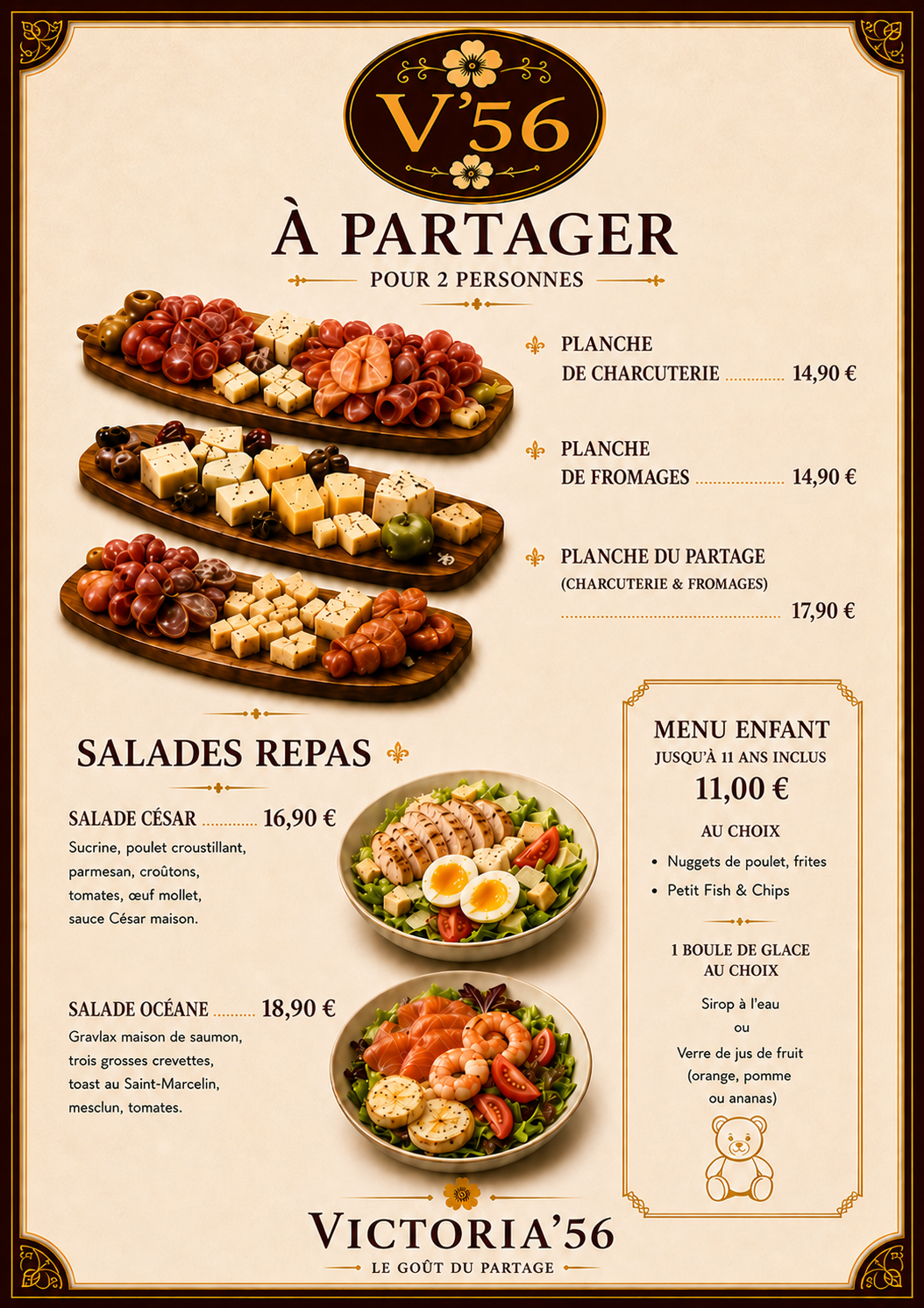 Carte à partager, salades et menu enfant Victoria’56