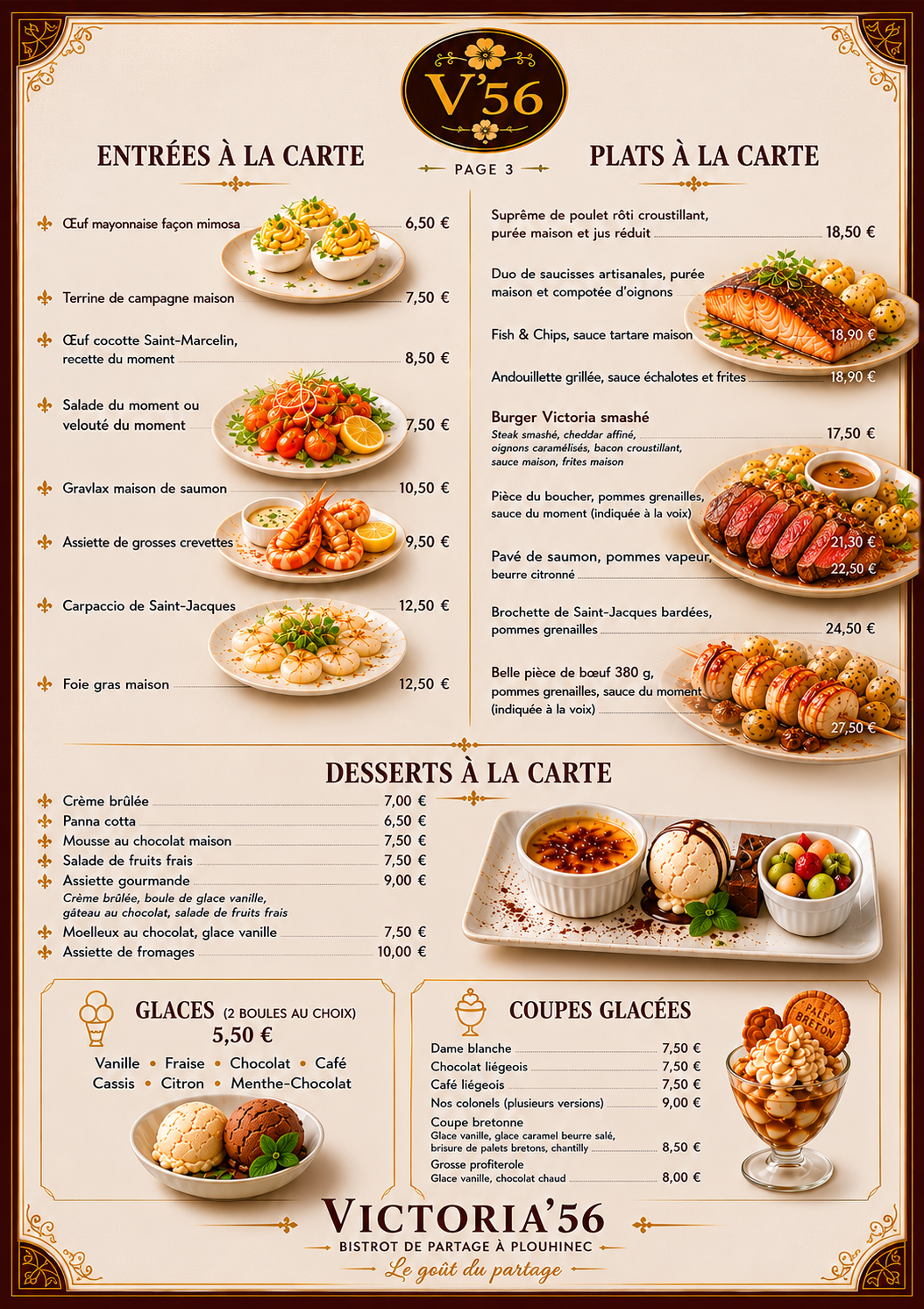 Carte des entrées, plats et desserts Victoria’56
